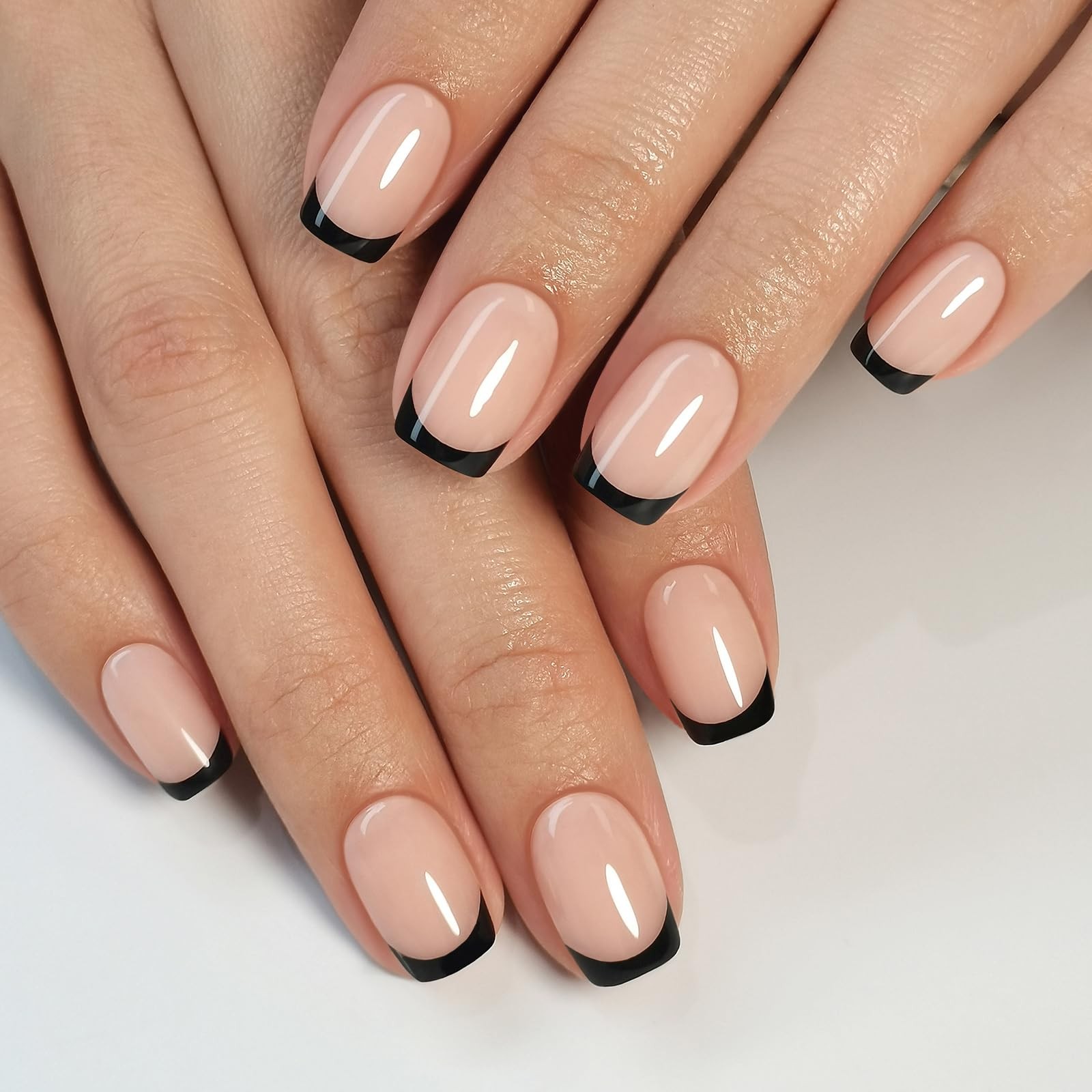 Black French Tip Press on Nails Square – Soft Gel Press on Nails Short, Fit P…
