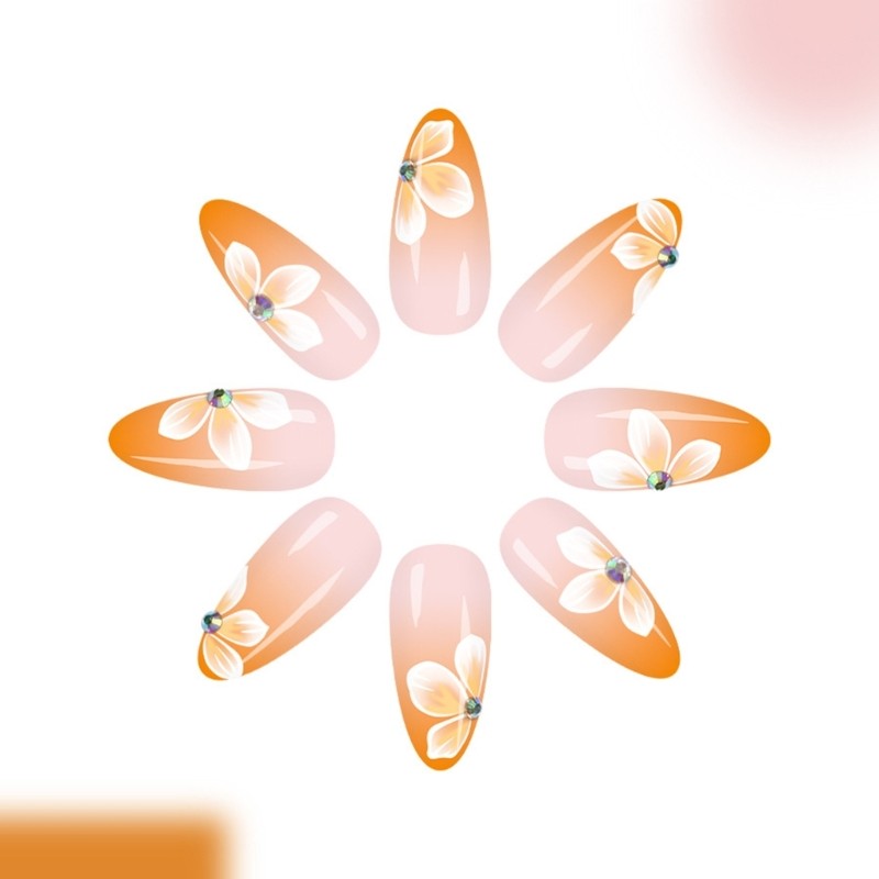 24Pieces Middle Length Glossy Press On Nail Gradient Yellow French Tip Floral