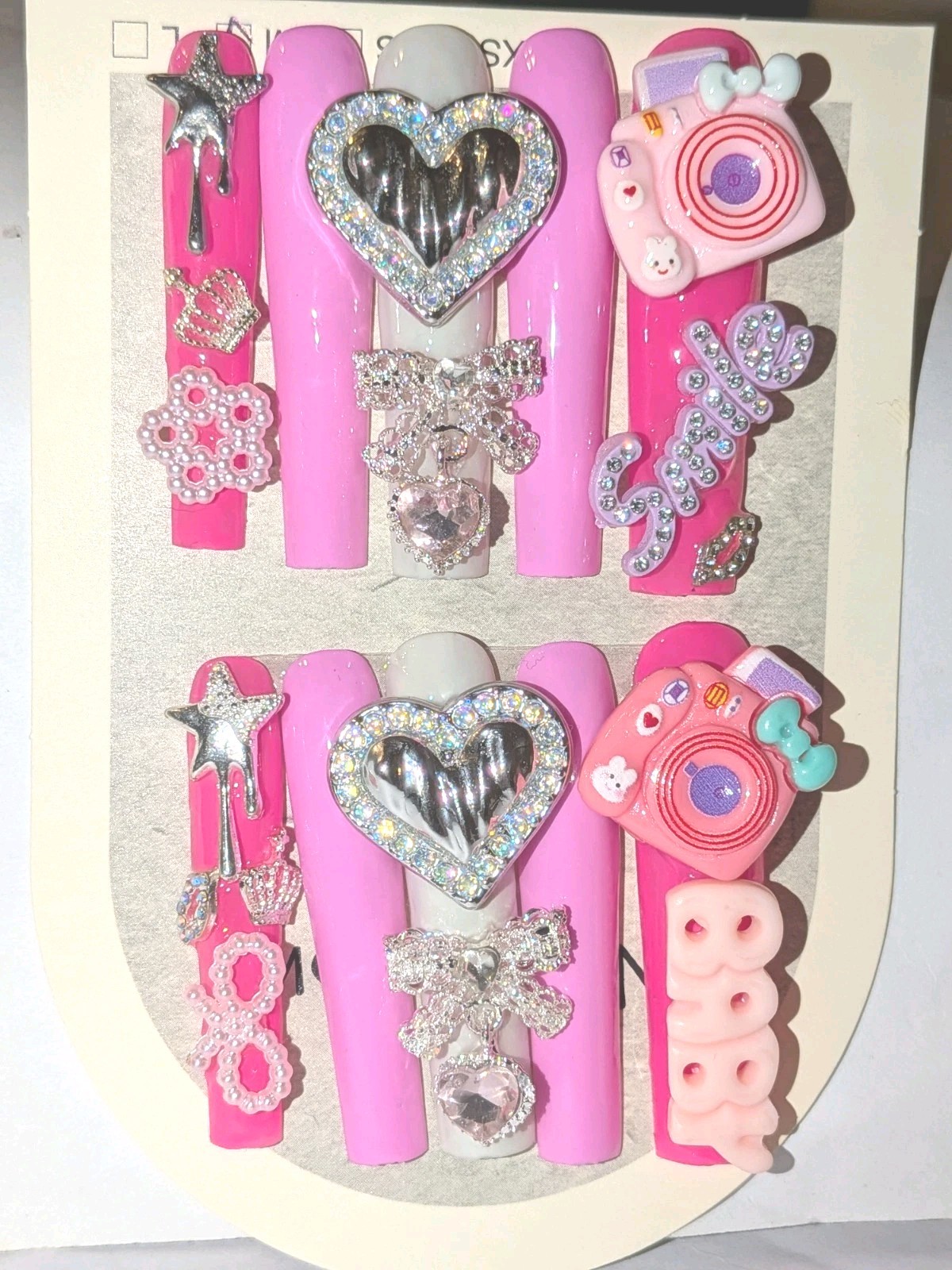 Handmade 3xl Acrylic Pink Rhinestone Heart & Bow Decorative Press-On Nails Sz L
