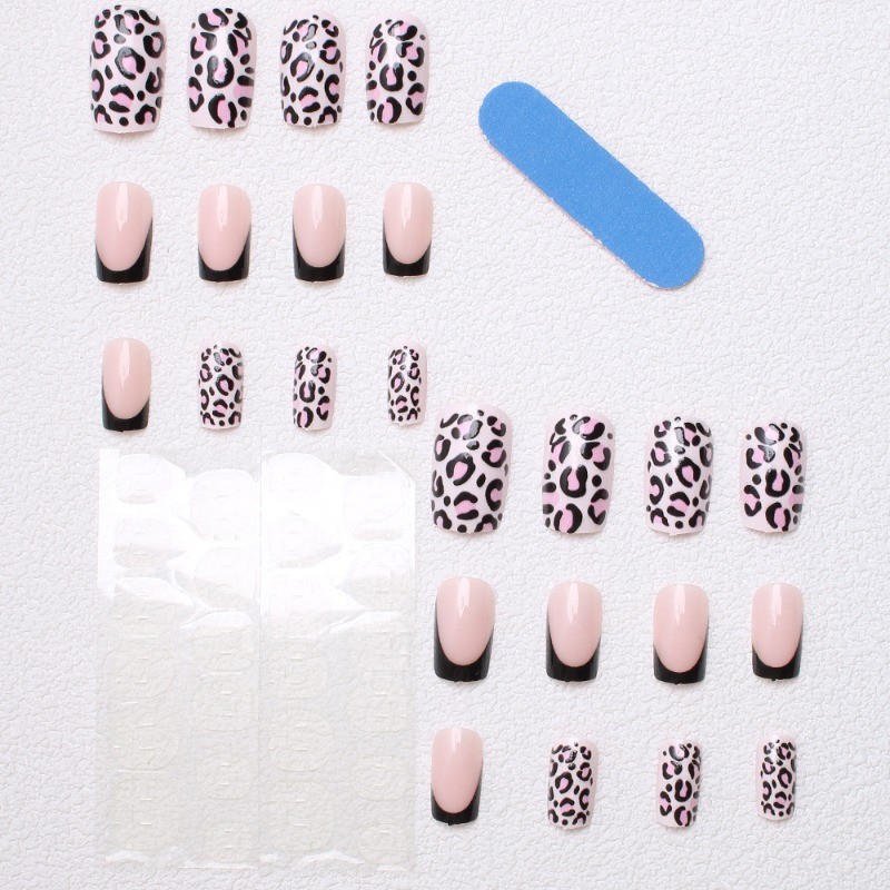 48pcs-Matte Pink Leopard Print Press on Nails, Square with Black French Tips
