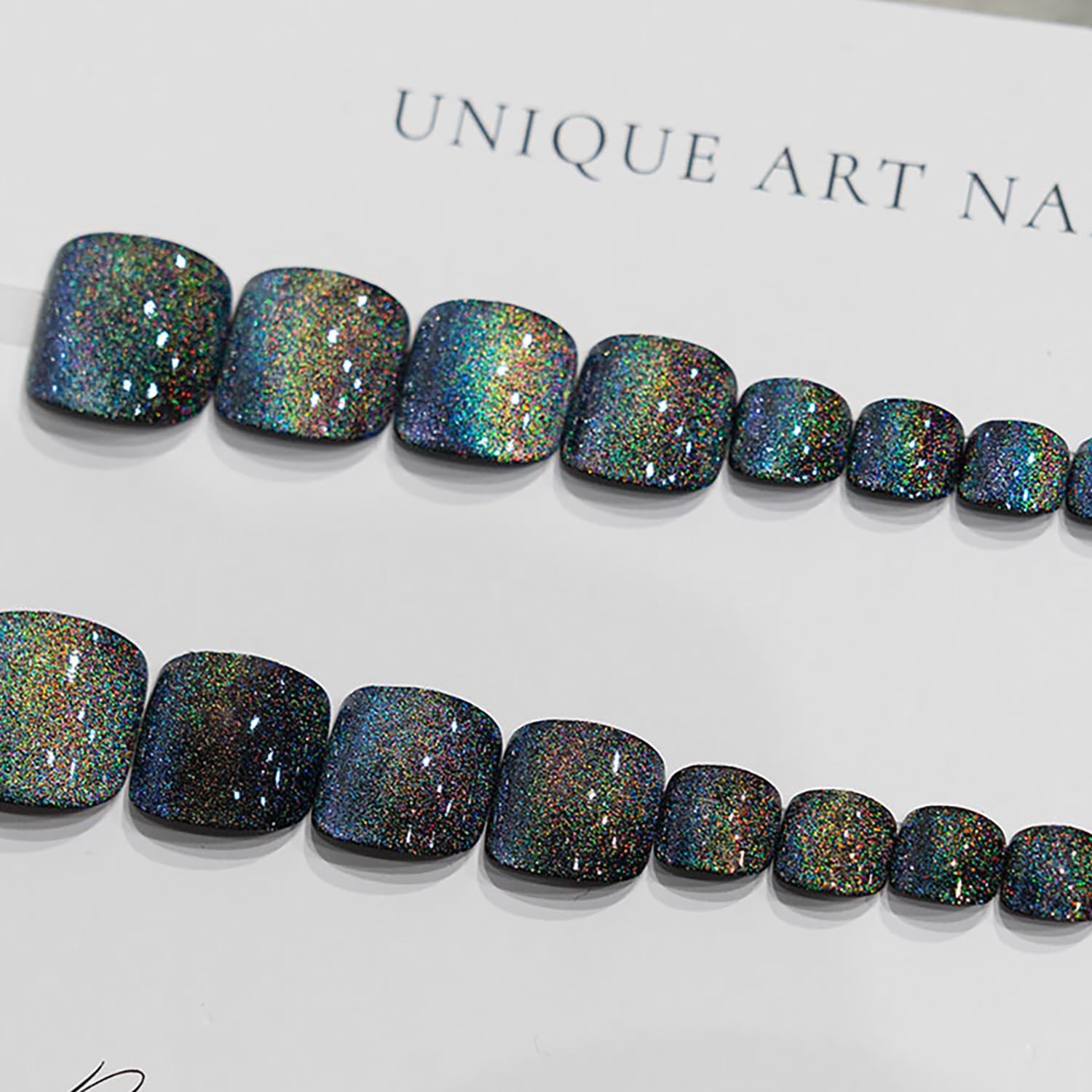 Black Press On Toenails Square Short Fake Toenails Glitter False Toenails Wit…