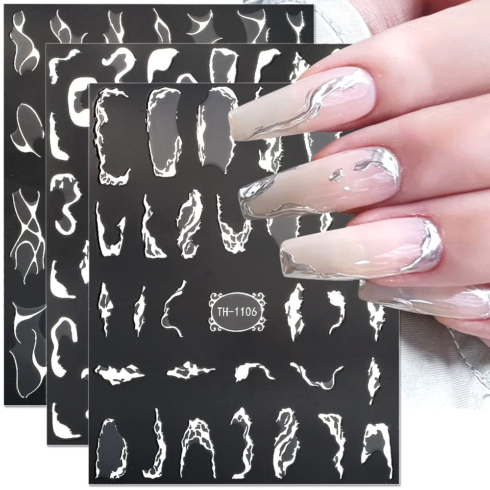 Metallic Silver Lines Nail Stickers – 6 Sheets, 3D Wave Lines, Irregular Fren…