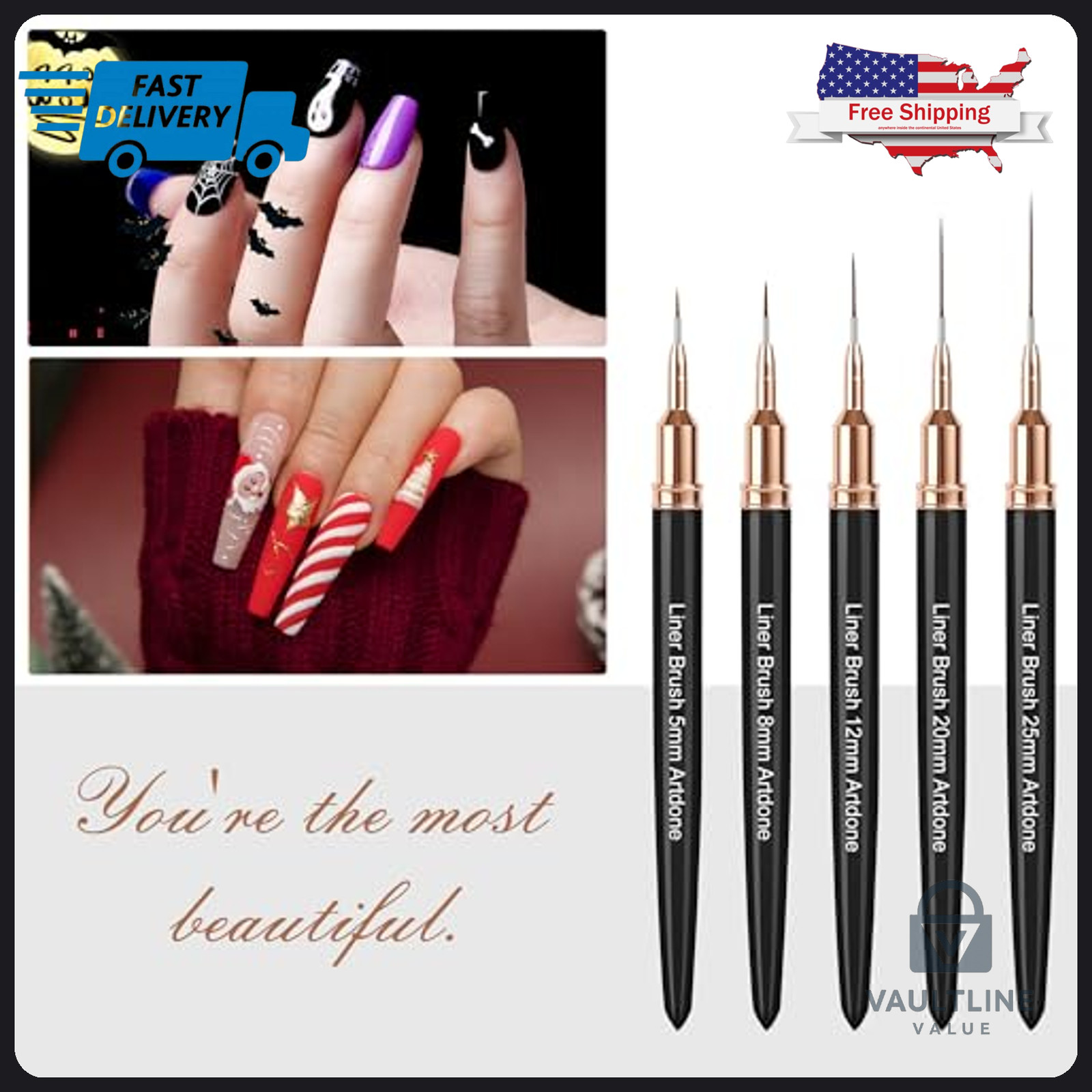 5 Piece Artdone Nail Liner Brush Set – Metal Handle Fine Detail Art Tools