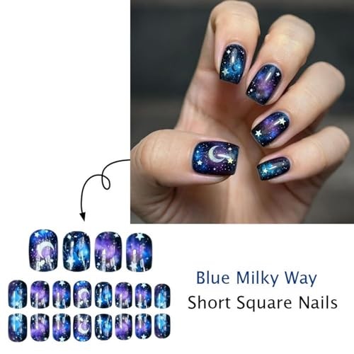 24Pcs Dark Starry Sky Press on Nails – Short Square Fake Nails with Moon a11