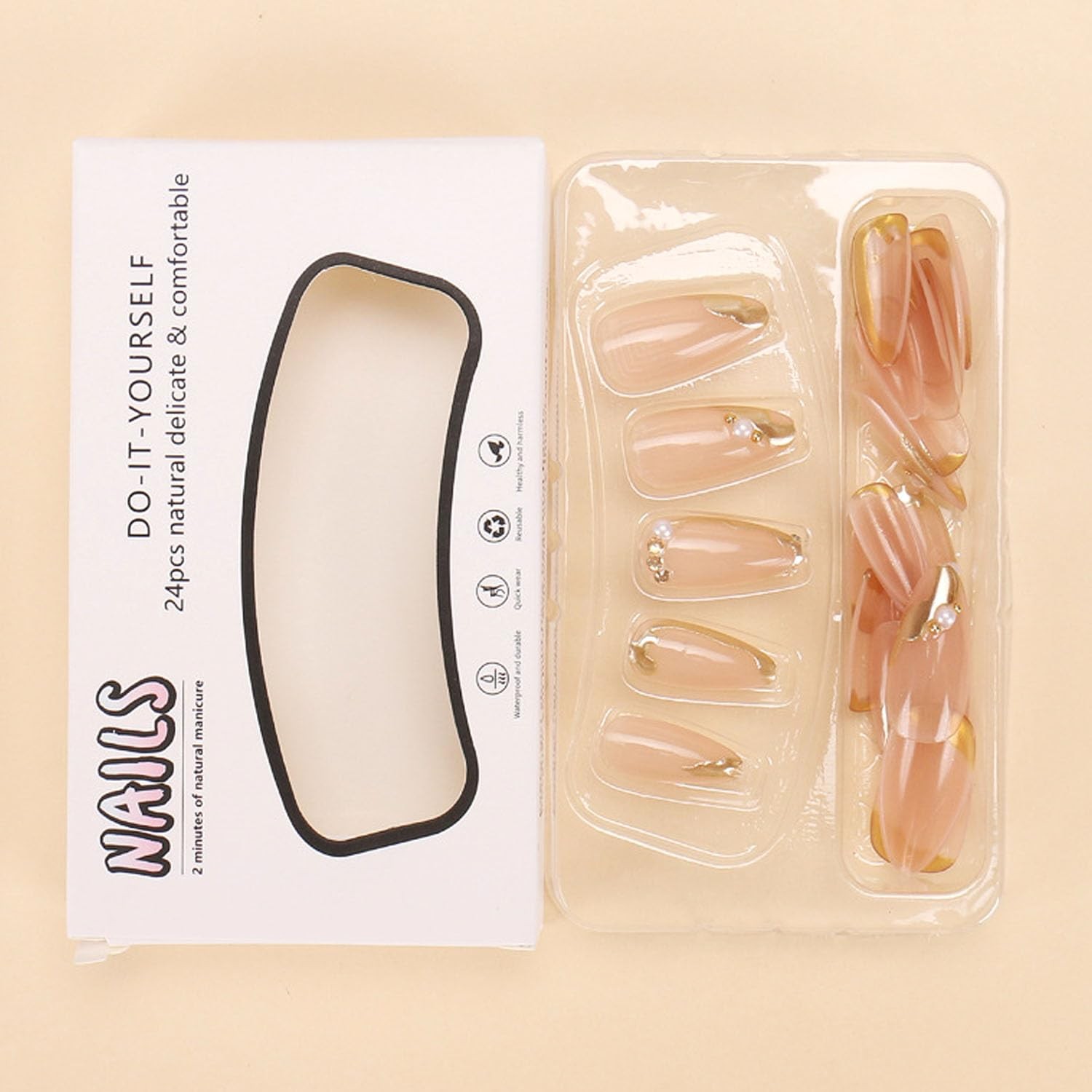 Almond Press on Nails Medium Glue Gold French Fake Medium, Gold-2