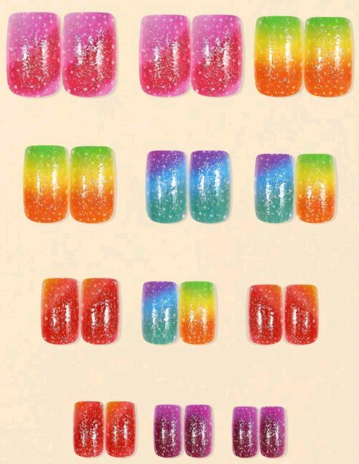 Press-On Nails Summer Multi-Color Rainbow Bright Medium Coffin Textured Glitter