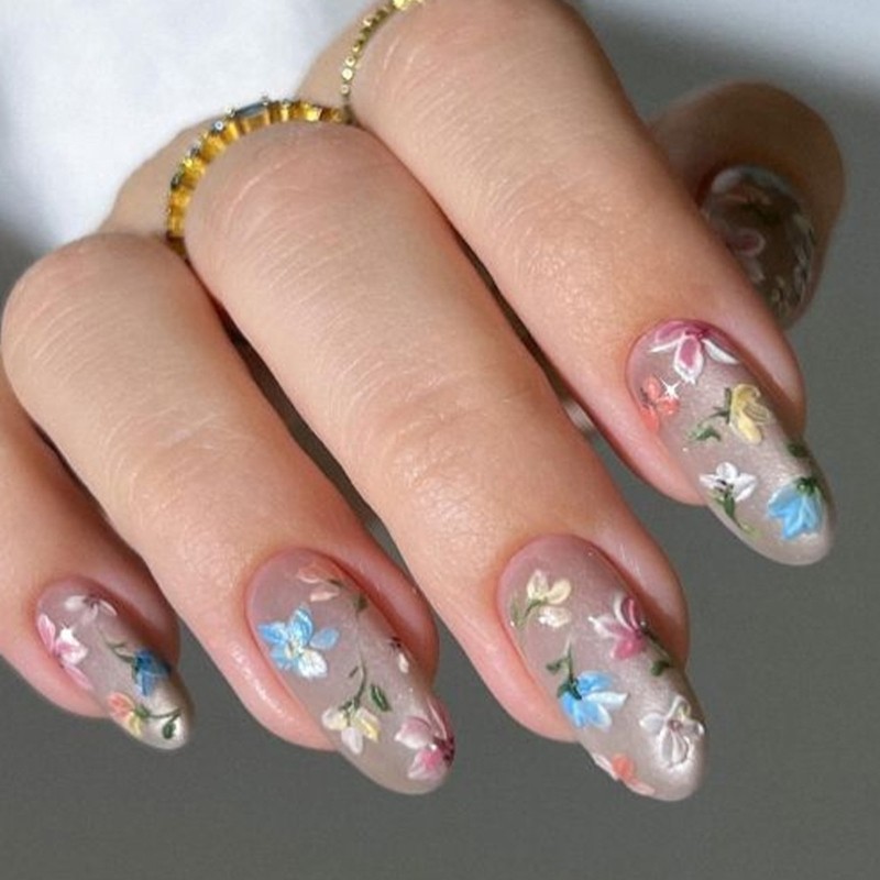 24Pcs Almond Artificial Nail With 3D Floral Effect And Cats Eye Detail