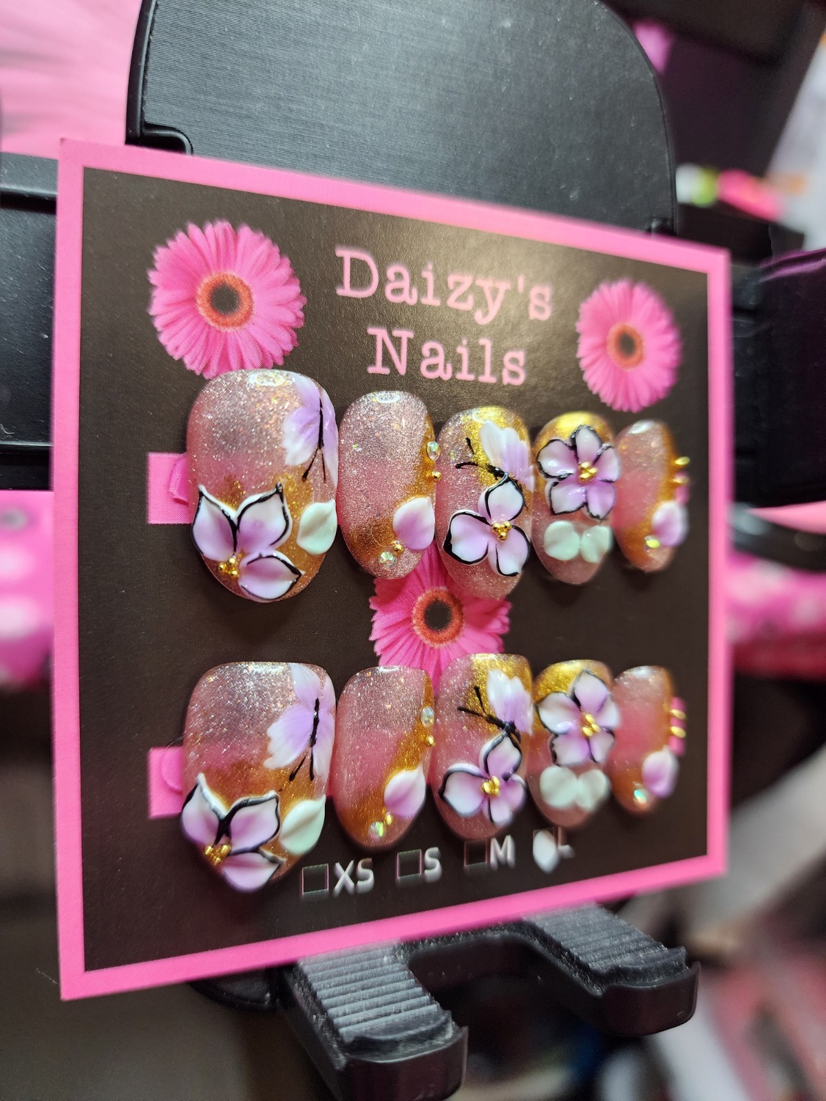 Large Size Press-on Nail 10Pc Set Handmade Oval Purple 3D Flower 2.0 Cm Length