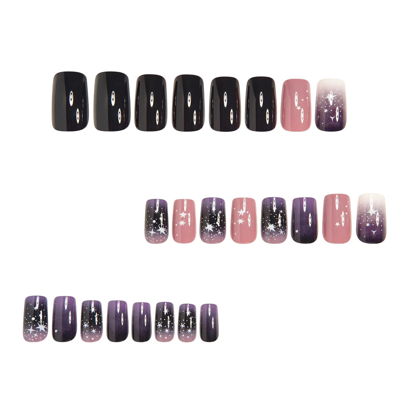 24pcs Purple Square Press-On Nails, Medium Length, Glossy, Starry Night, Galaxy