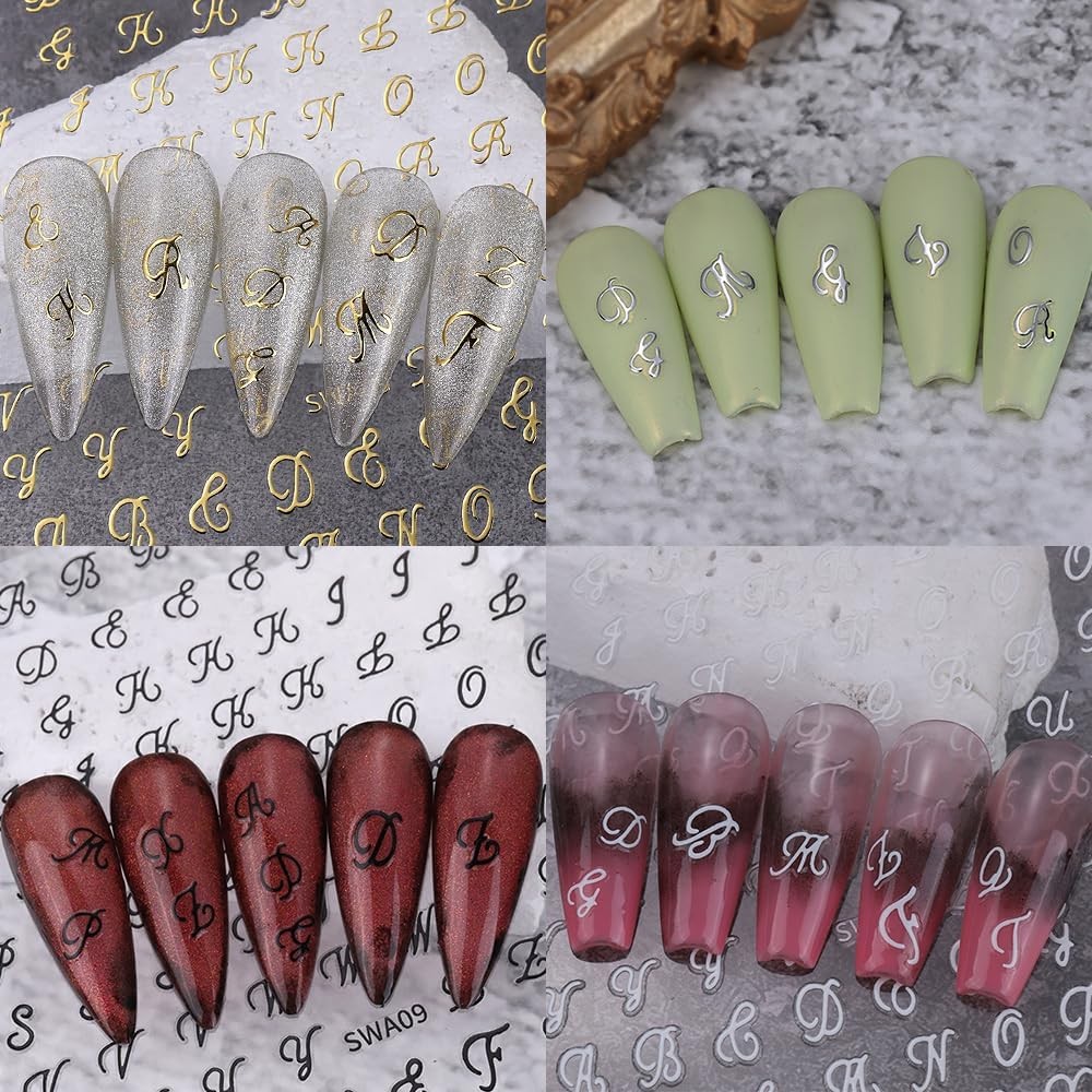 Letter Nail Stickers, 8 Sheets Old English Gold, Silver, Black and White