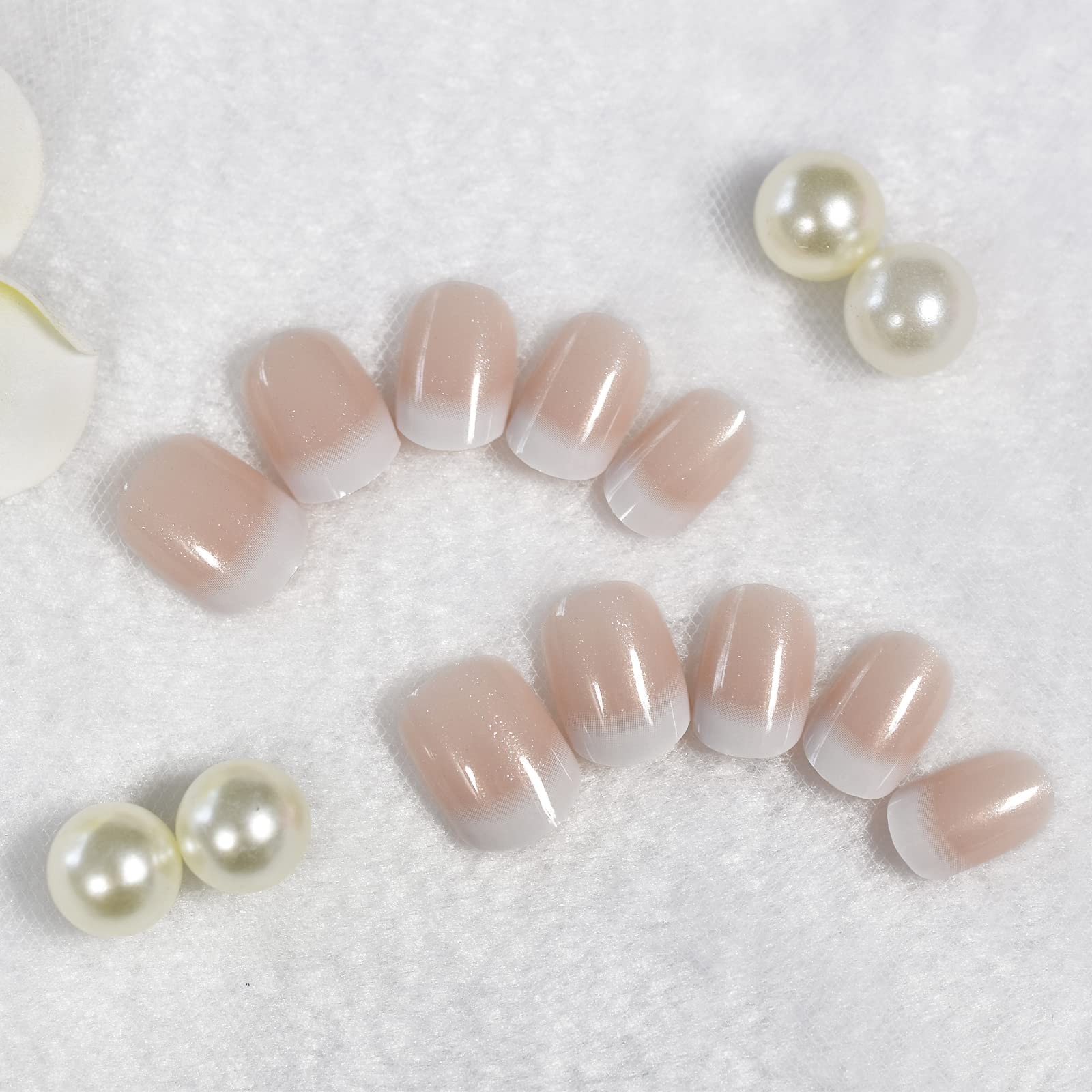 Press on Nails Natural Nude Pink White with Glitter French False Nail Art Tip…