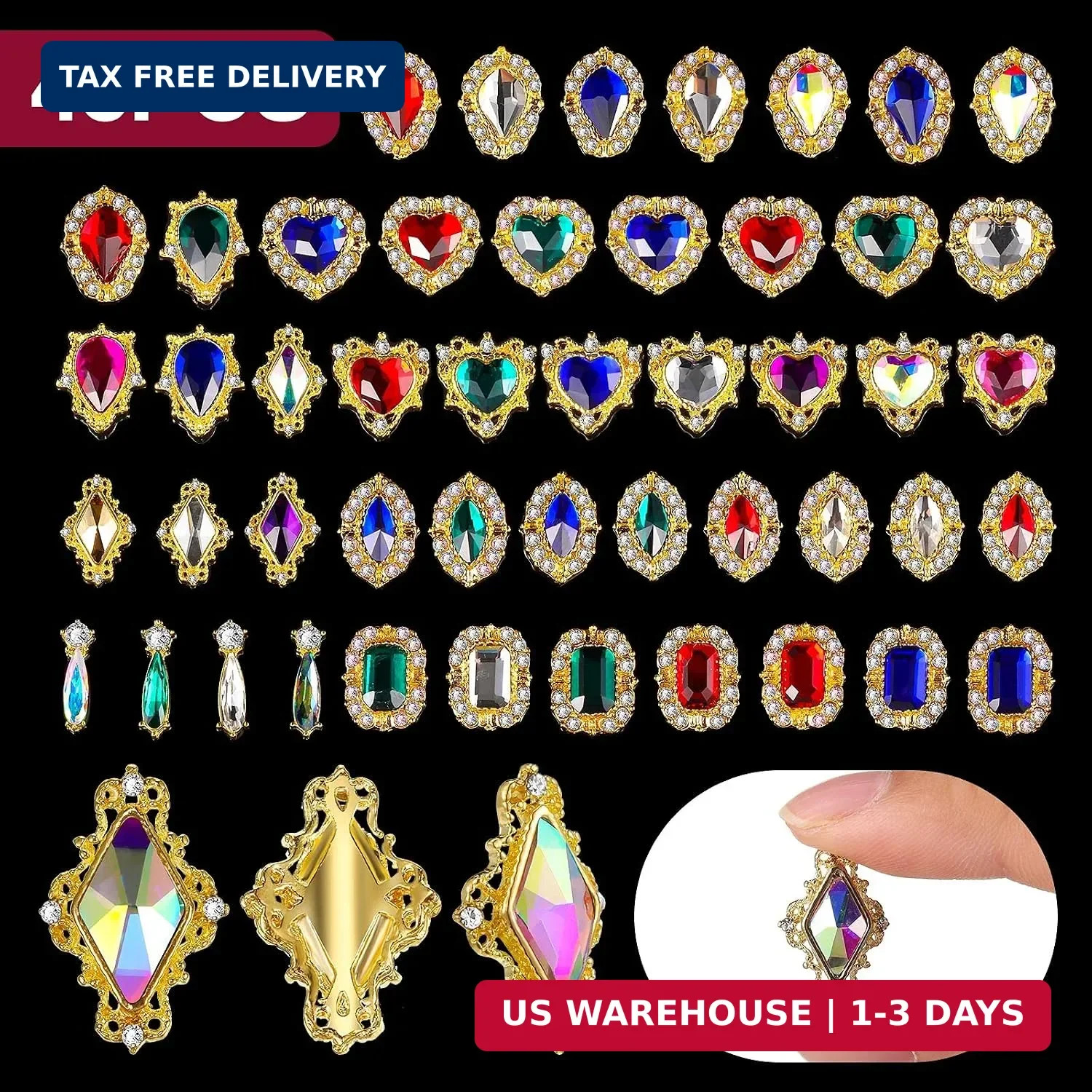 Leelosp 48 Pieces Luxury 3D Nail Charms Big Rhinestones Colorful Shiny Diamonds