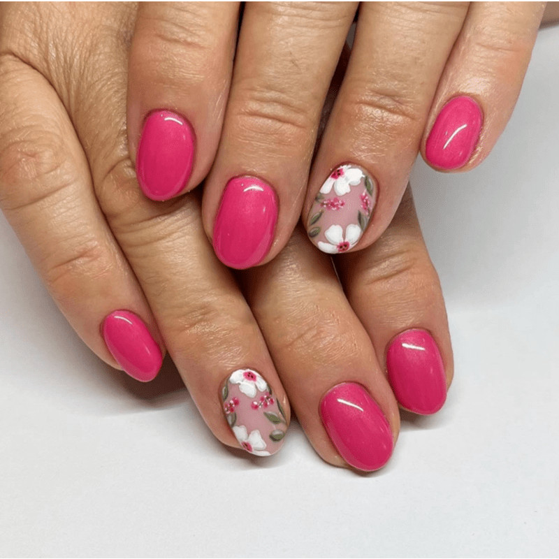 48Pcs-Short Oval Hot Pink Solid Hand Painted Floral Press on Nails Set