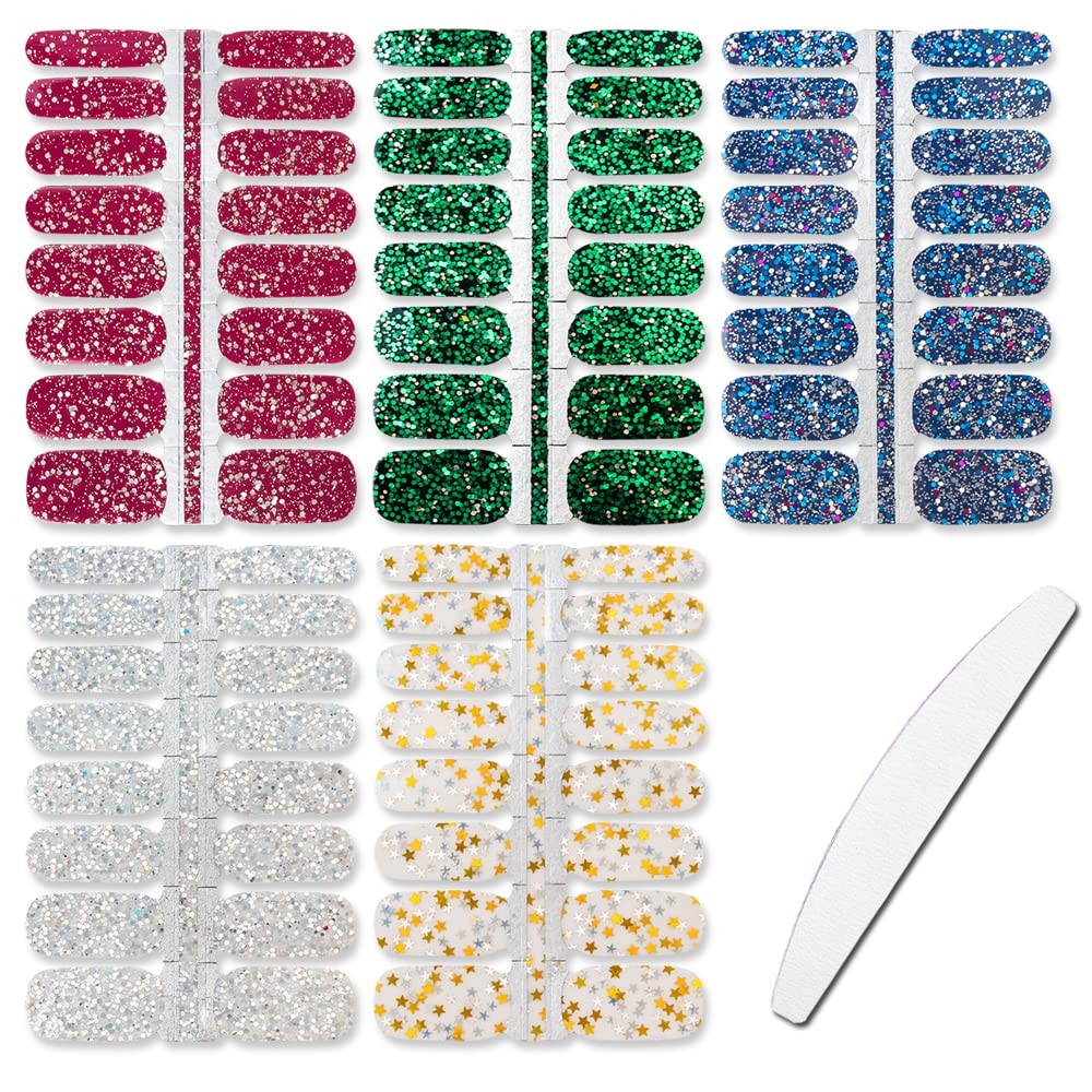 5 Sheets Nail Polish Strips Set with 1pc Nail File Glitter Sequins Design Gel…