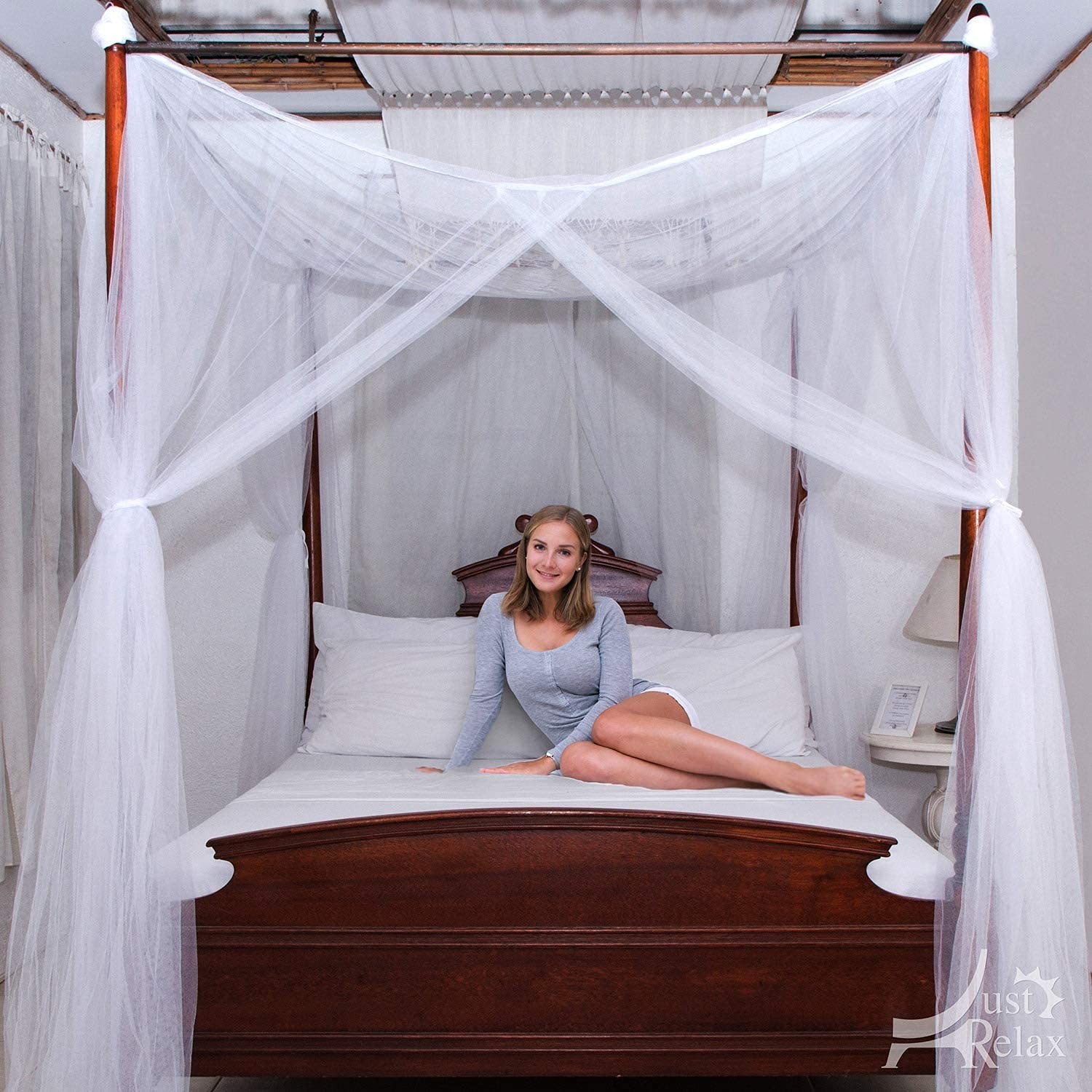 Just Relax Four Corner Post Decorative Elegant Bed Net Canopy Set, White, Ful…