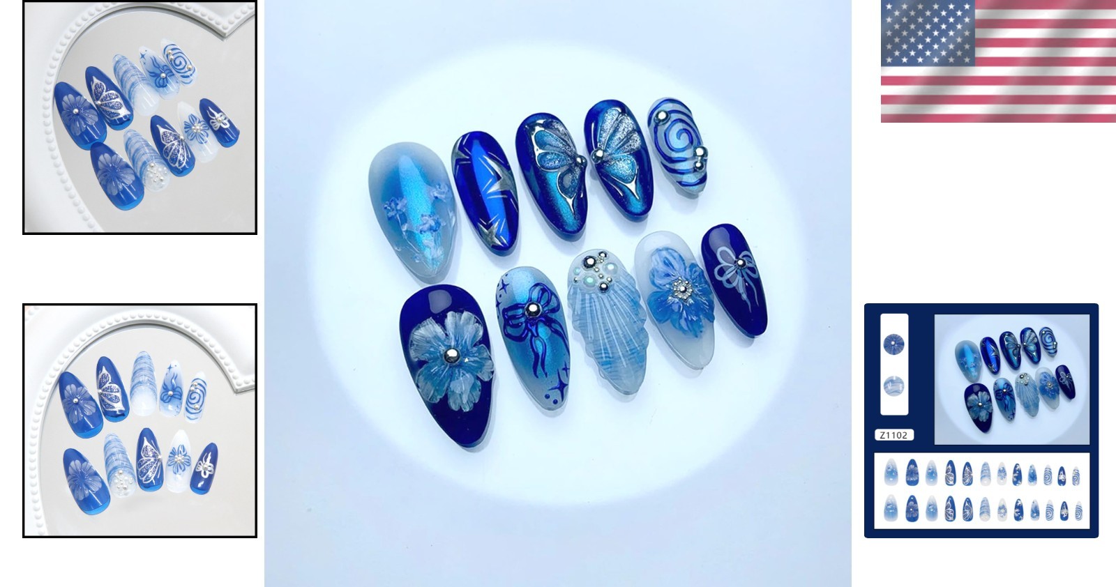 Reusable Floral Almond-Shaped Press On Nails – Easy Application & Glossy Finish