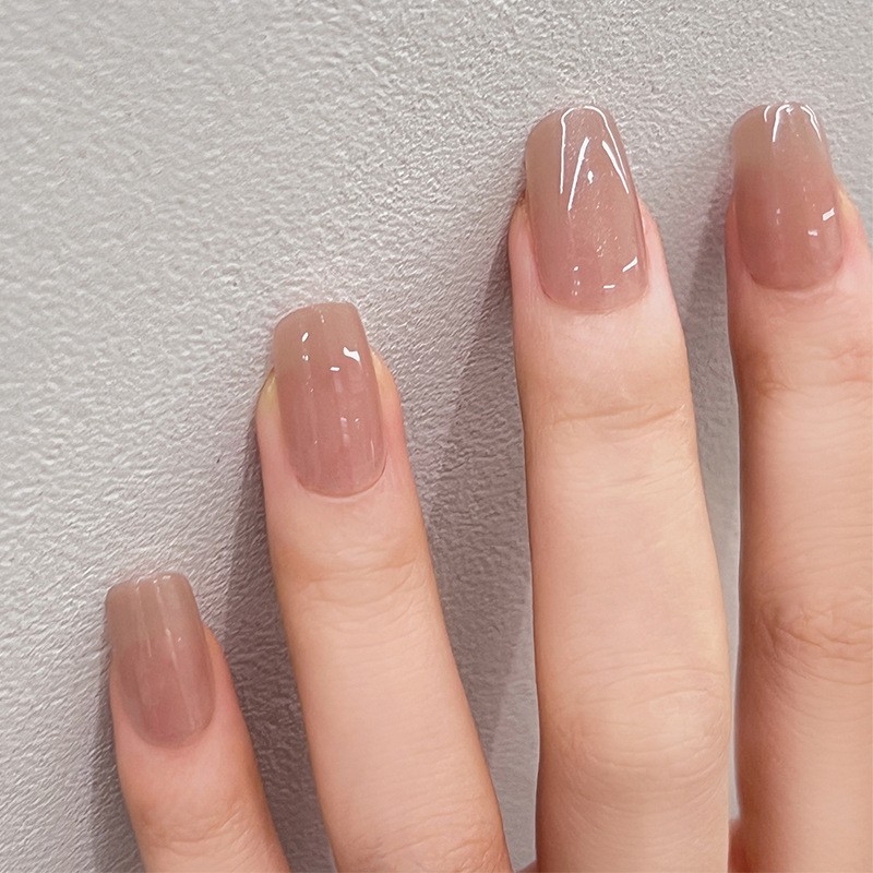 48pcs Short Square Press on Nails, Milk Tea Nude Clear Gloss Casual Manicure