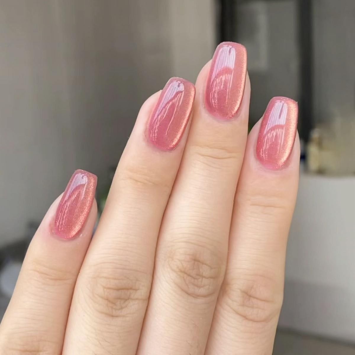 Cat Eye Press on Nails Short Square Fake Nails Pink Nails Press Ons Bling Gli…