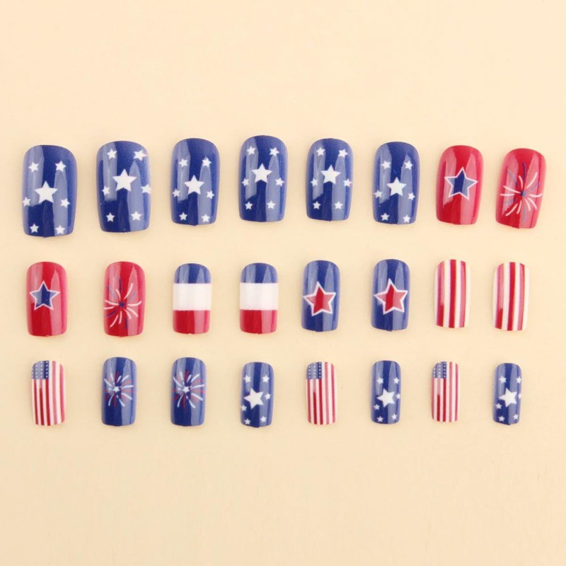 48pcs-Patriotic Fake Nails with Red, White & Blue Stars, Stripes and Fireworks