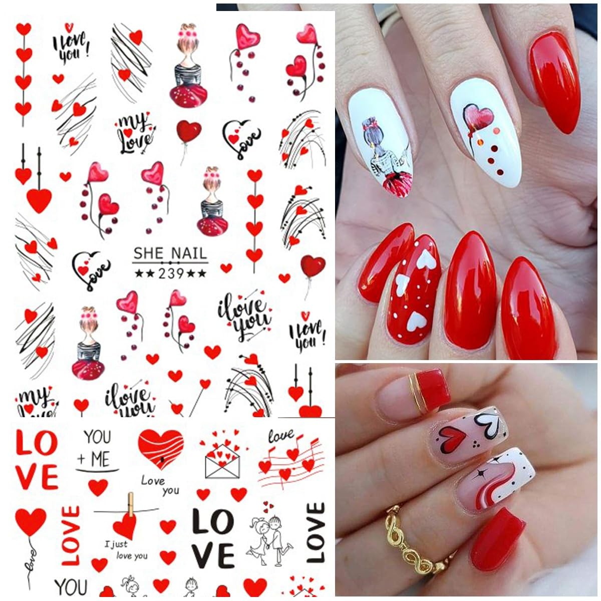 8Sheets Valentine’s Day Nail Art Stickers 3D -Adhesive Nail Decals Valentines…