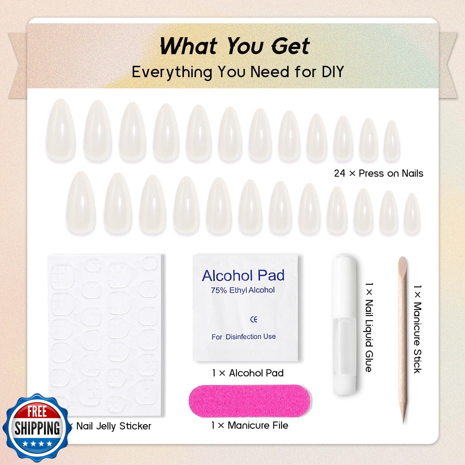 Qsnidy Chrome Press On Nails Almond, Glazed Pearl White Glue on Nails Medium