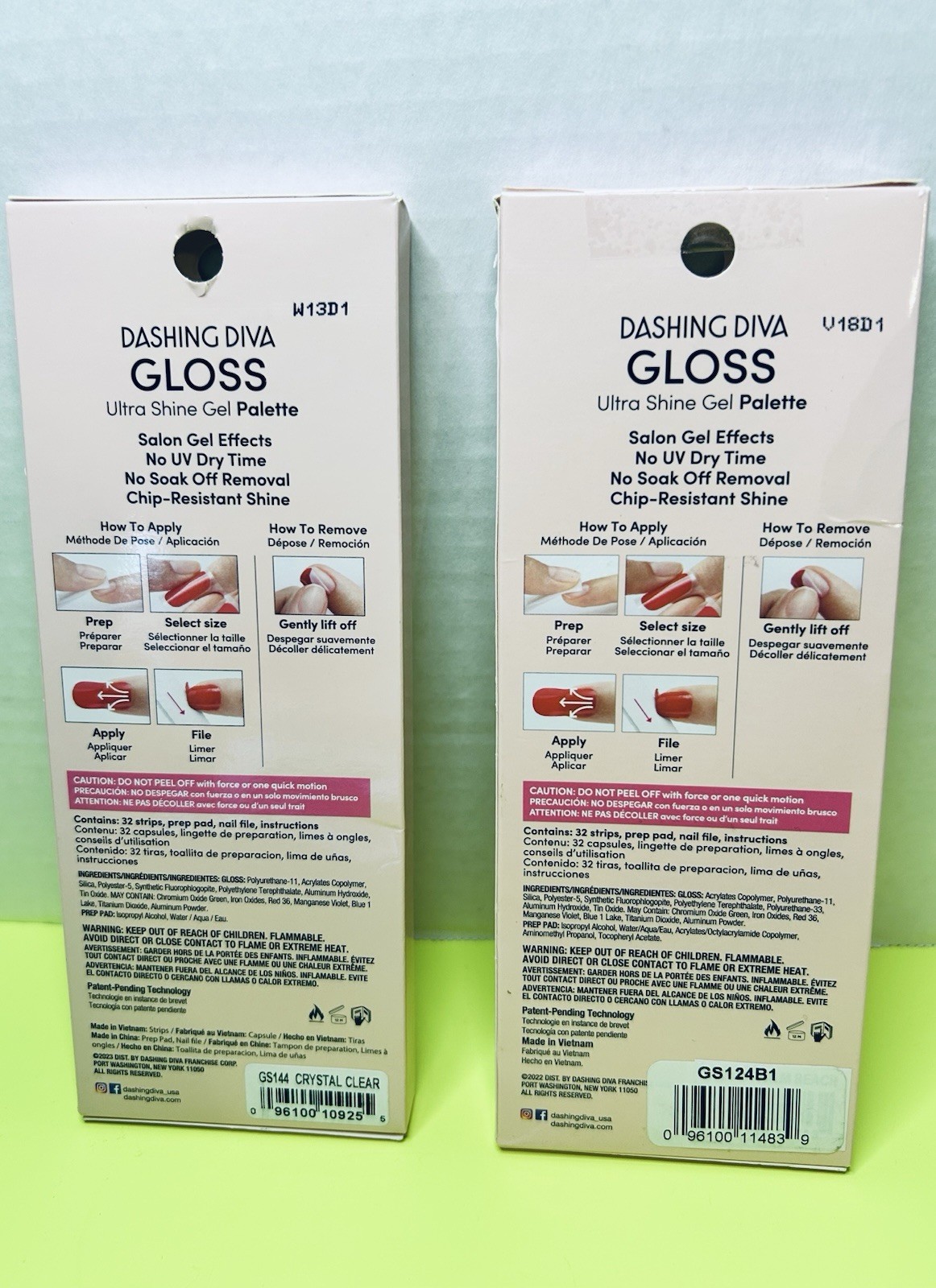 2 DASHING DIVA Gloss Ultra Shine Gel Nail Strips PALM BEACH & CRYSTAL CLEAR Lot