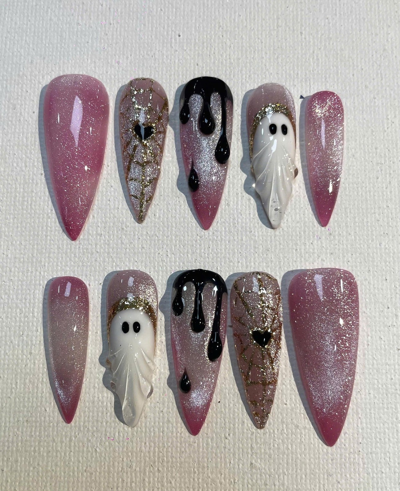 Custom Handmade Halloween Pink Cat Eye Ghost Spider Web Drip Press on Nail