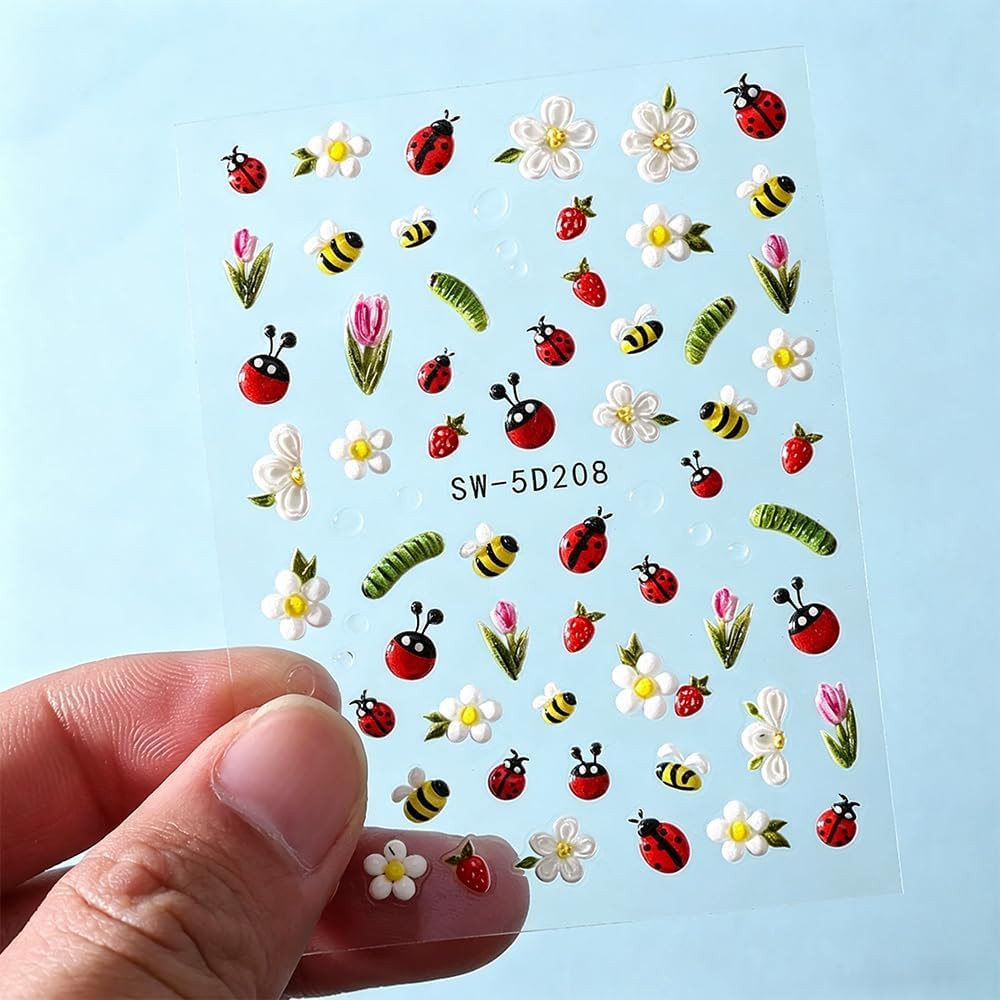 Cartoon Cute Insect 5D Nail Art Stickers Hawaiian Flower Daisy Tulip Strawberry