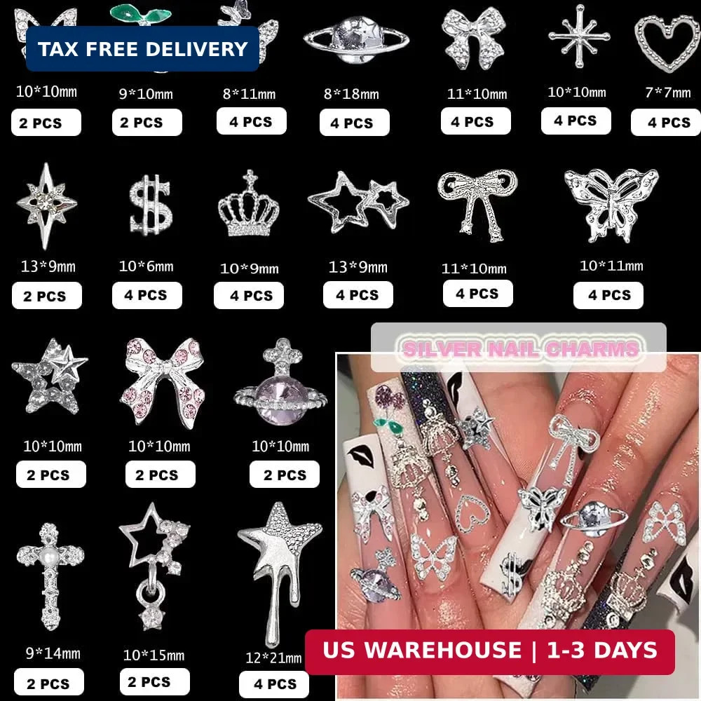 120 Pcs Silver Gold Nail Charms 3D Butterfly Cherry Star Bow Cross Planet Crown