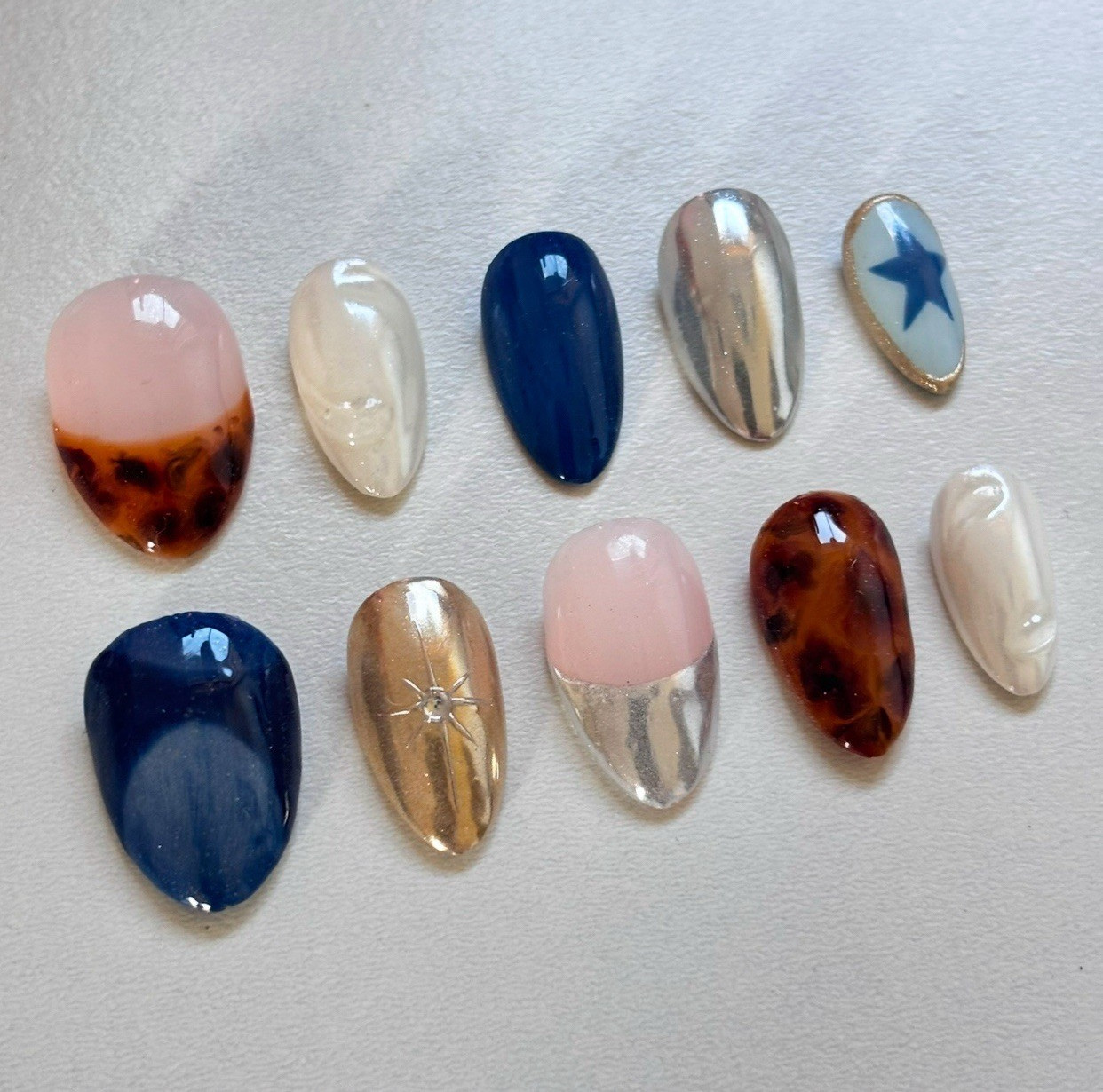 Homemade Blue Gold Brown Tortoiseshell Star Oval Medium Press-On Nails hand made