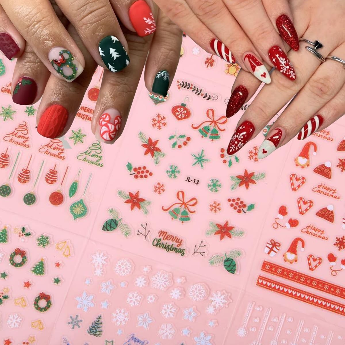 30Pcs/Set Glitter Christmas Nail Sticker 3D Self- Adhesive Nail Decals with C…