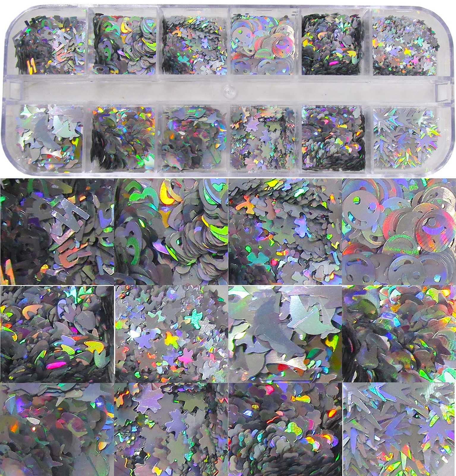 2 Boxes Holographic Silver Nail Glitters Sequins Butterfly Hearts Star Shape …