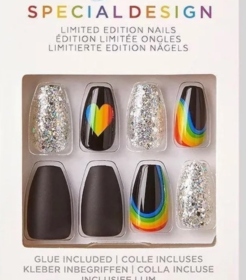 Kiss Special Design Glue-On Black Medium Length Rainbow Pride Nails x1