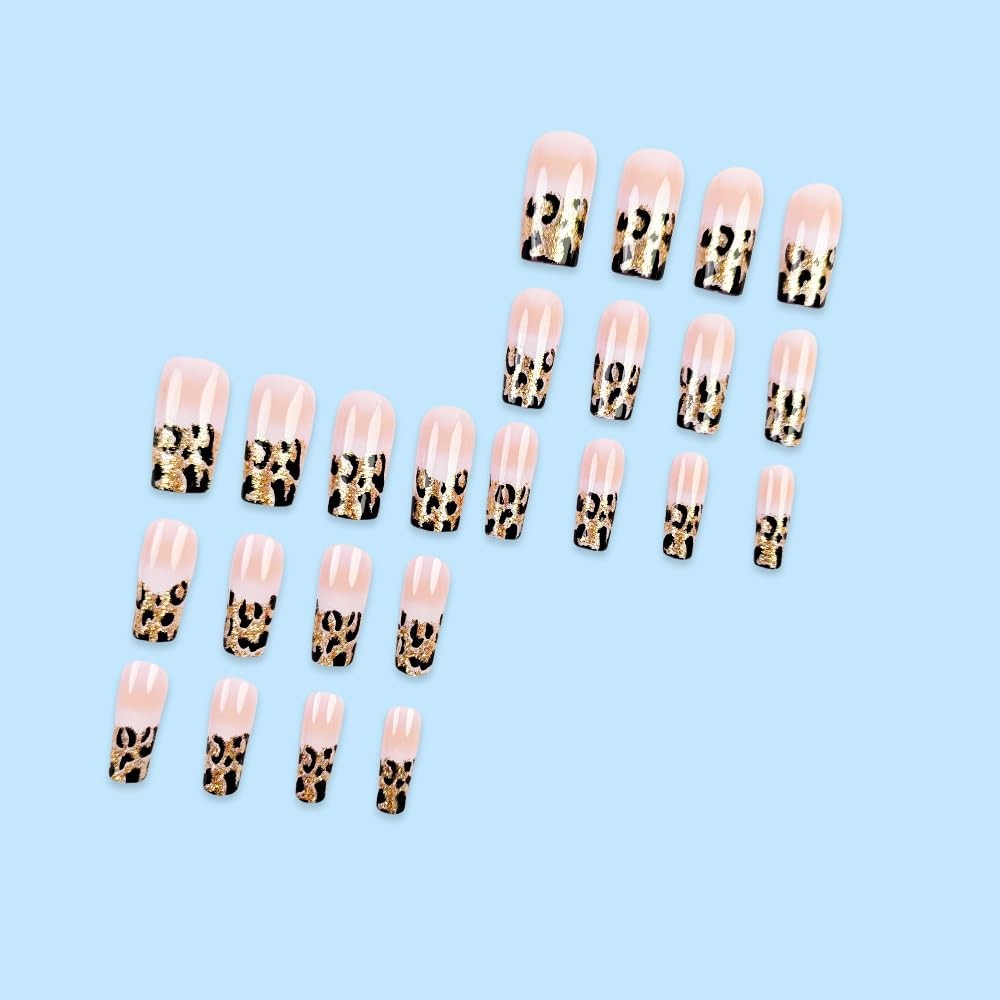 Leopard French Tip Press on Nails Medium Gold Glitter Fake Nails Square False…