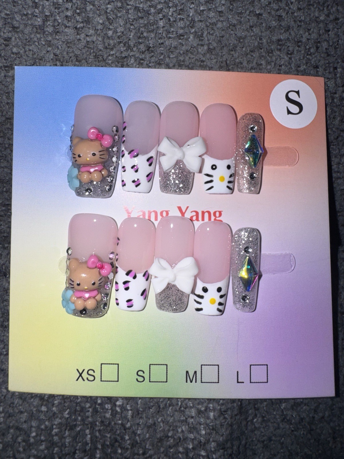Square Bling Hello Kitty French Tip With 3d Bow Press On Nails Size Small New