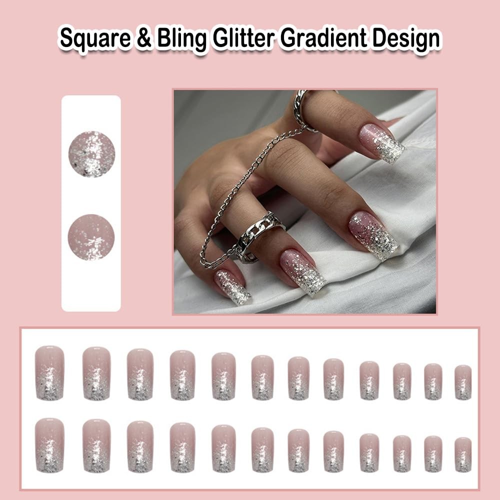 Square Press on Nails Short Medium Ombre White fake on Nails with Bling Glitt…