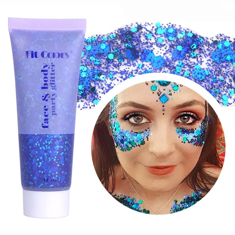 Blue Face & Body Glitter Gel – Mermaid Sequins Lip Eye Nails Hair Festival Ra…