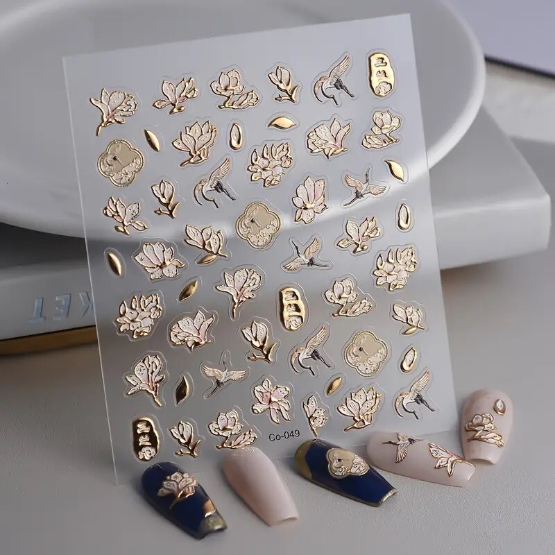 5D Embossed Rose Gold Flowers & Birds Assorted Designs Nail Art Vinly Decals