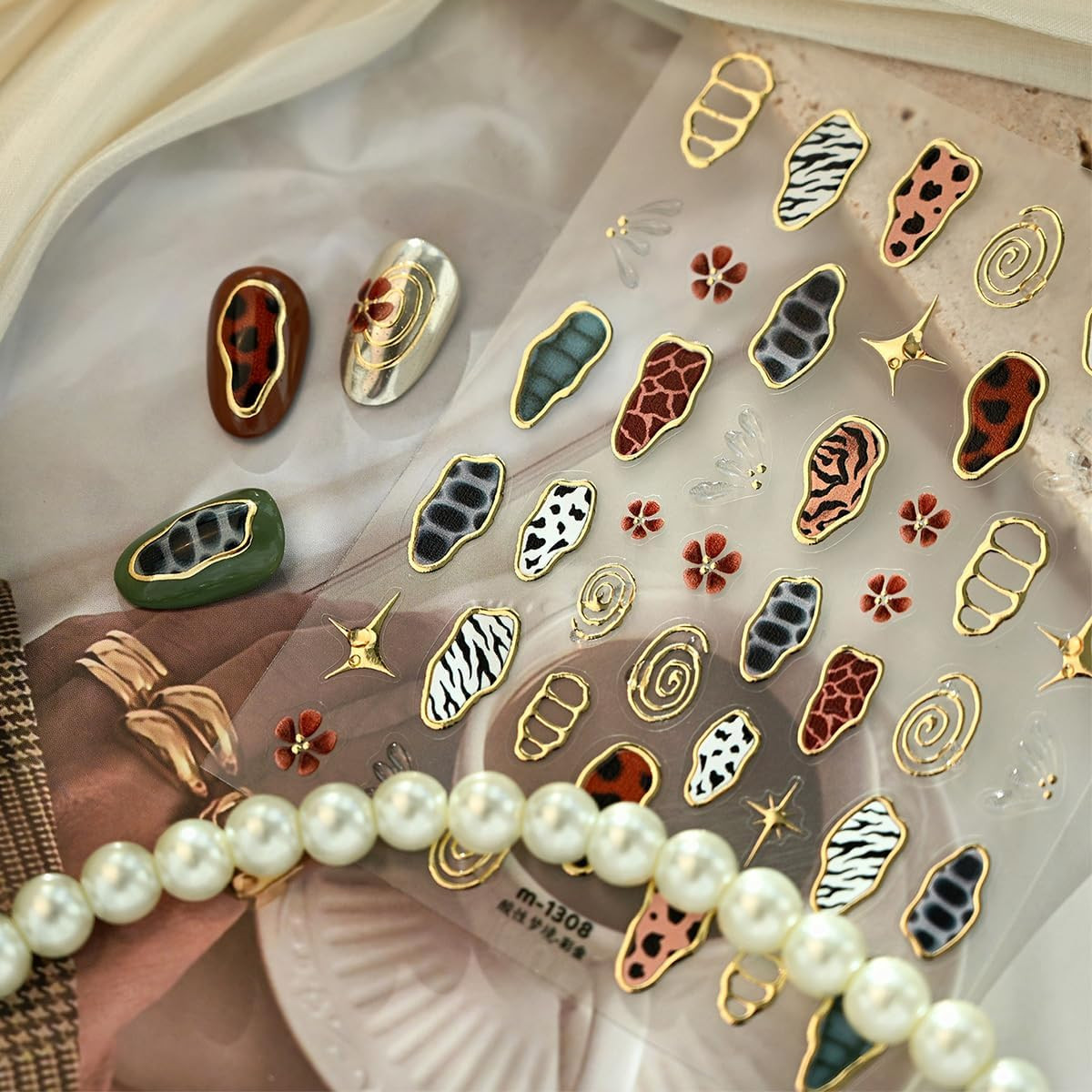 Leopard Print Nail Art Stickers 5D Embossed Retro Gold Nail Decals Self-Adhesive