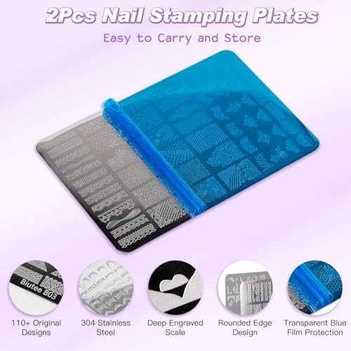 Nail Stamping Kit – 2 Plates, 4 Gel Polishes, 110 Patterns, Silicone Stamper & S