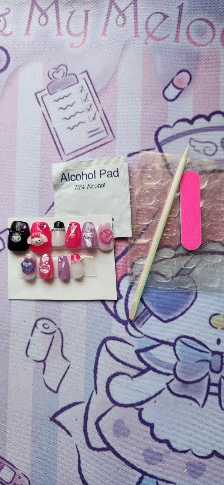 Hand Painted “Kuromi/My Melody” Ex Short Coffin Length Press On Nails (size M/L)