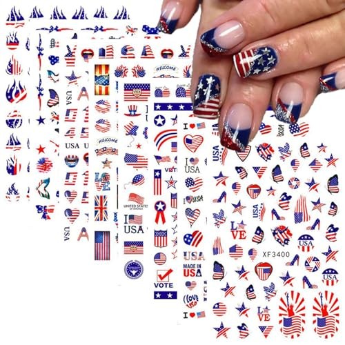 8 Sheets Independence Day Nail Stickers Blue Red Nail Decals Flag Blue, Red-8