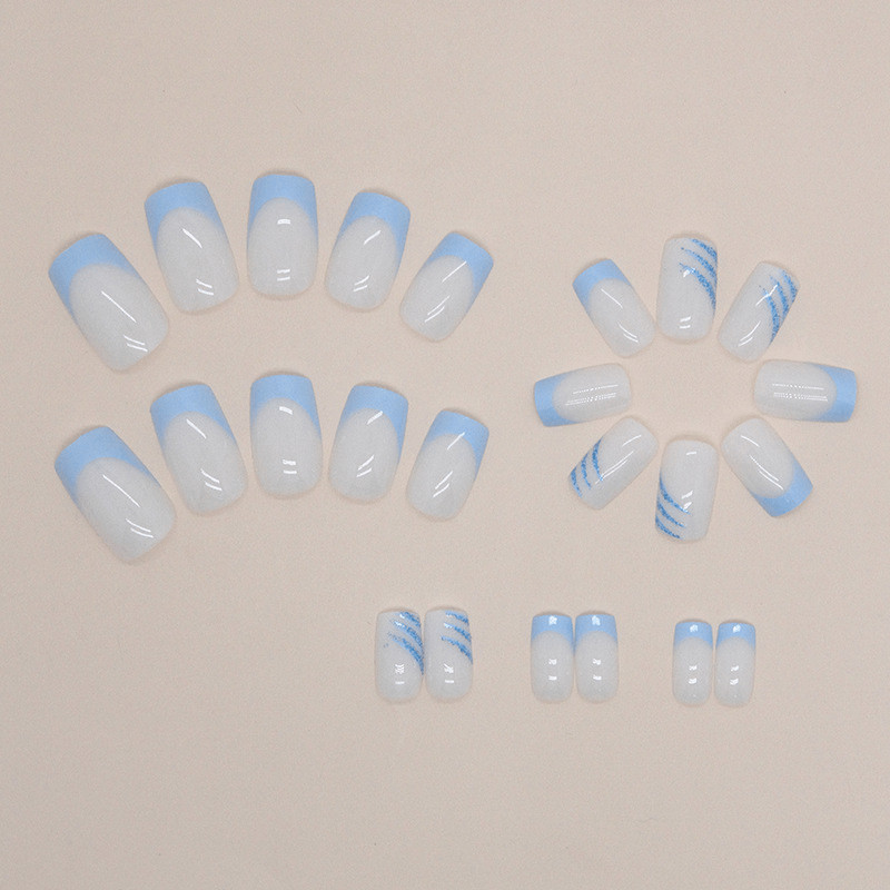 48P Short Square Press on Nails,Milky White Light Blue French Glitter Fake Nails
