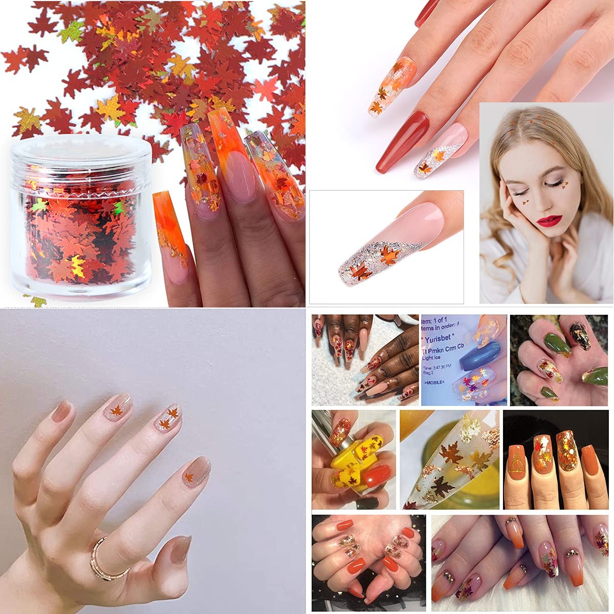 Holographic Glitters Fall Maple Leaf Shaped Nail Art Sequins Flakes 1 Pot, 3D…