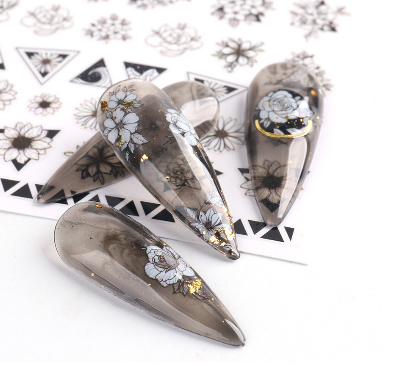 Nail Art Decoration Black White Flower Nail Decals Self Adhesive stickers NS3