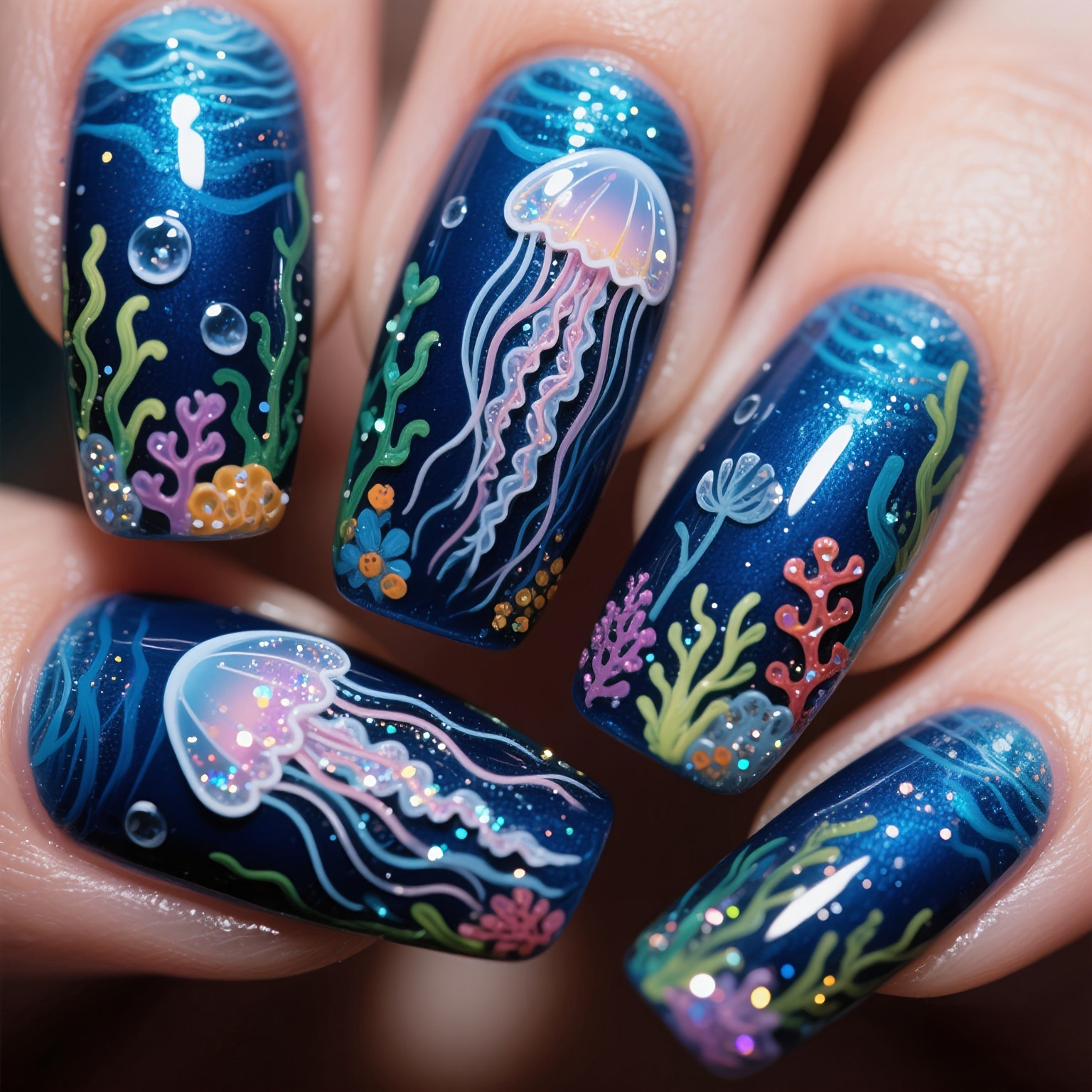 24pcs Ocean Press-On Nails: Coral, Jellyfish Mermaid Designs.Reusable Salon Art.