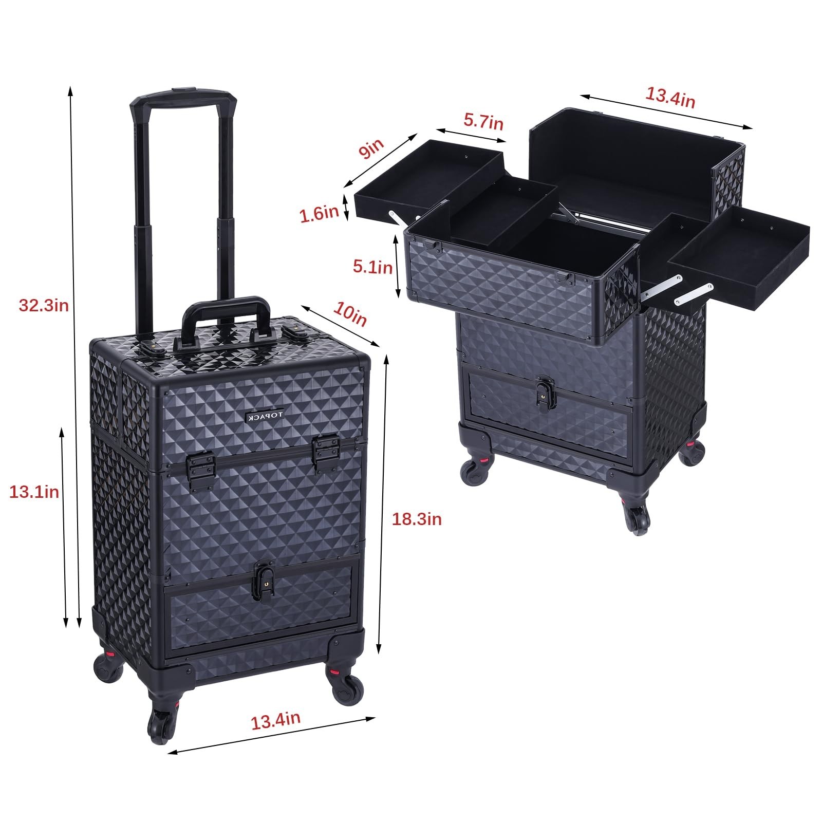 TOPACK Rolling Makeup Train Case,360°Rotaing Wheel Aluminum Cosmetic Case w