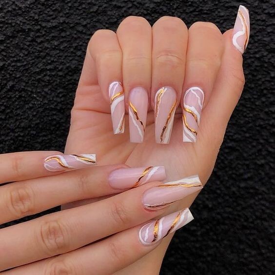 24 Nude Marble Press on nails kit glue extra long gold white