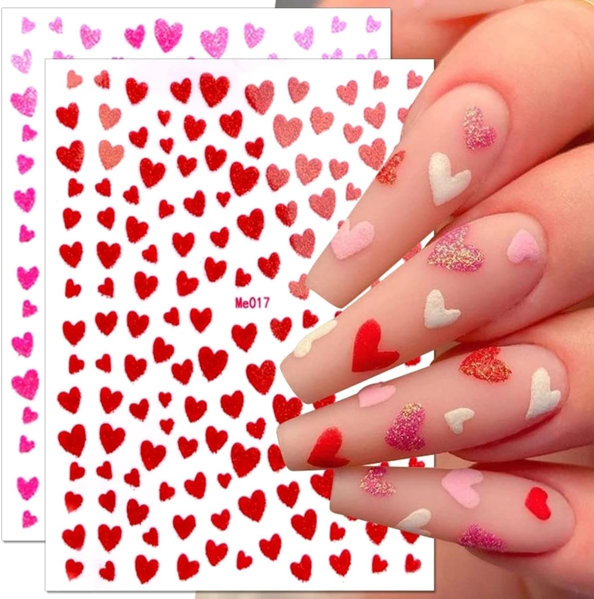 Heart Nail Art Stickers Decals 3D Shiny Glitter Love Hearts Self Design 20