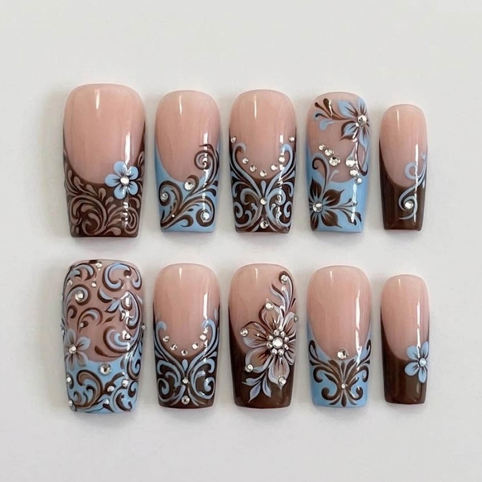 Handmade Brown Blue Floral Swirl Rhinestone Long Square Press on Nails